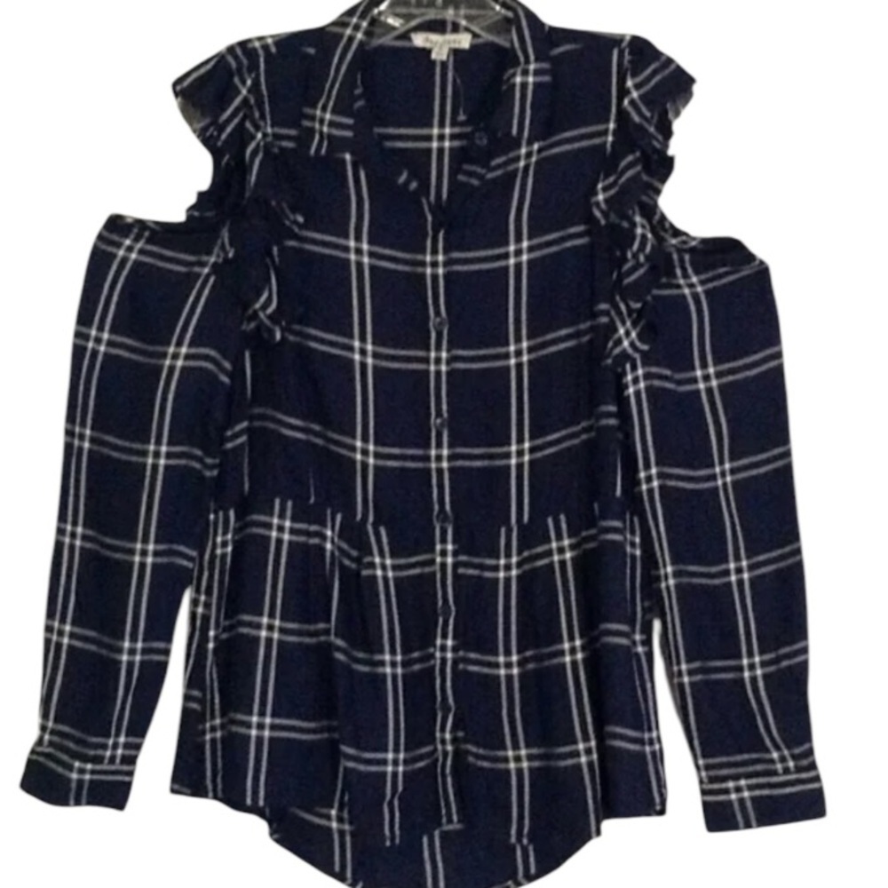 DIZZYLISSY COLD SHOULDER PLAID PRINT BABY DOLL BUTTON DOWN SIZE LARGE